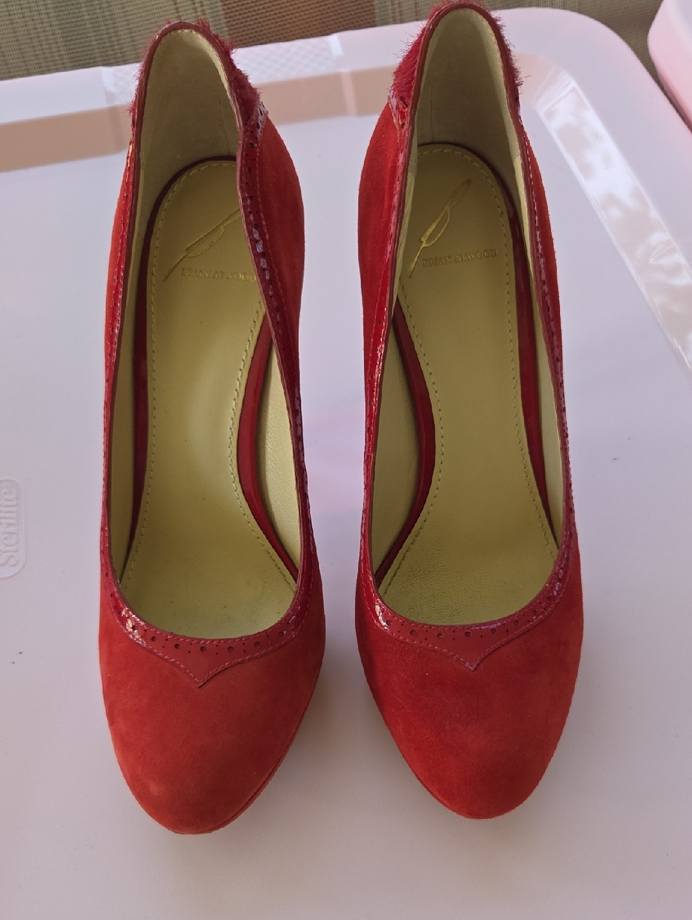 Brian Atwood Red Suede Pointed Pumps with Gloss Trim